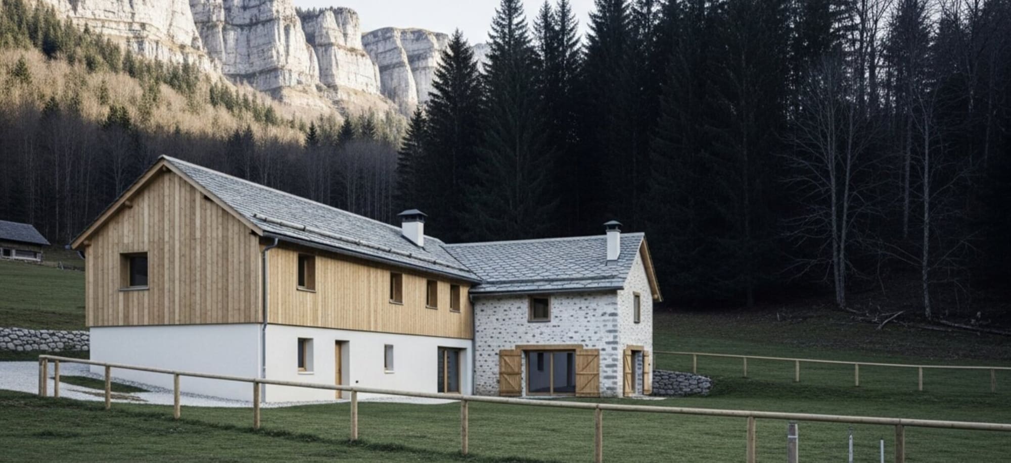 Maison d'élevage et paddock au pied du relief, cadre de vie des chiens